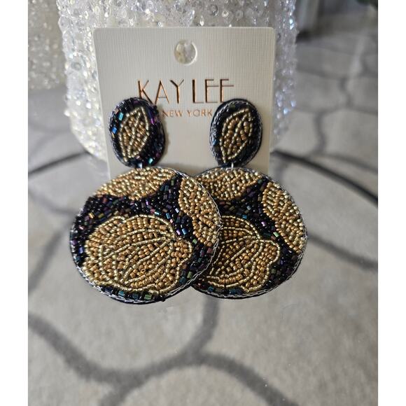 Kay Lee Black Gold Floral Round Beaded Earrings New - Picture 2 of 4